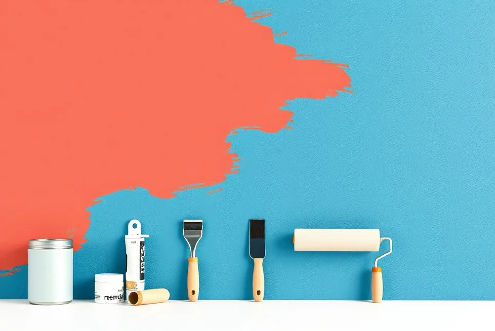 Outils de peinture disposés dans l'ordre des étapes du chantier
