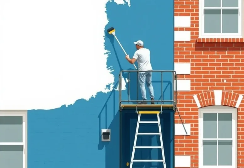 Peintre sur échafaudage traitant la façade d'une maison