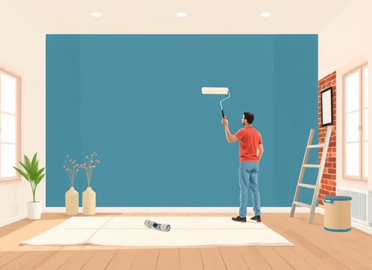 Peintre appliquant la peinture au rouleau sur un mur de salon